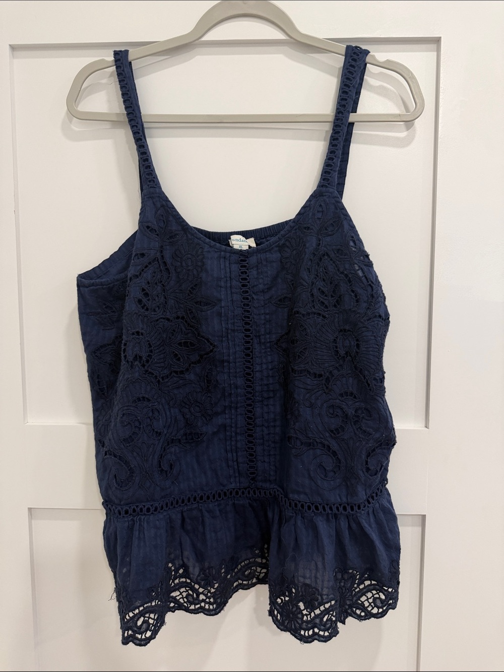 Sundance Navy Blue Embroidered Lace Trim Sleeveless Top XL Boho Cotton